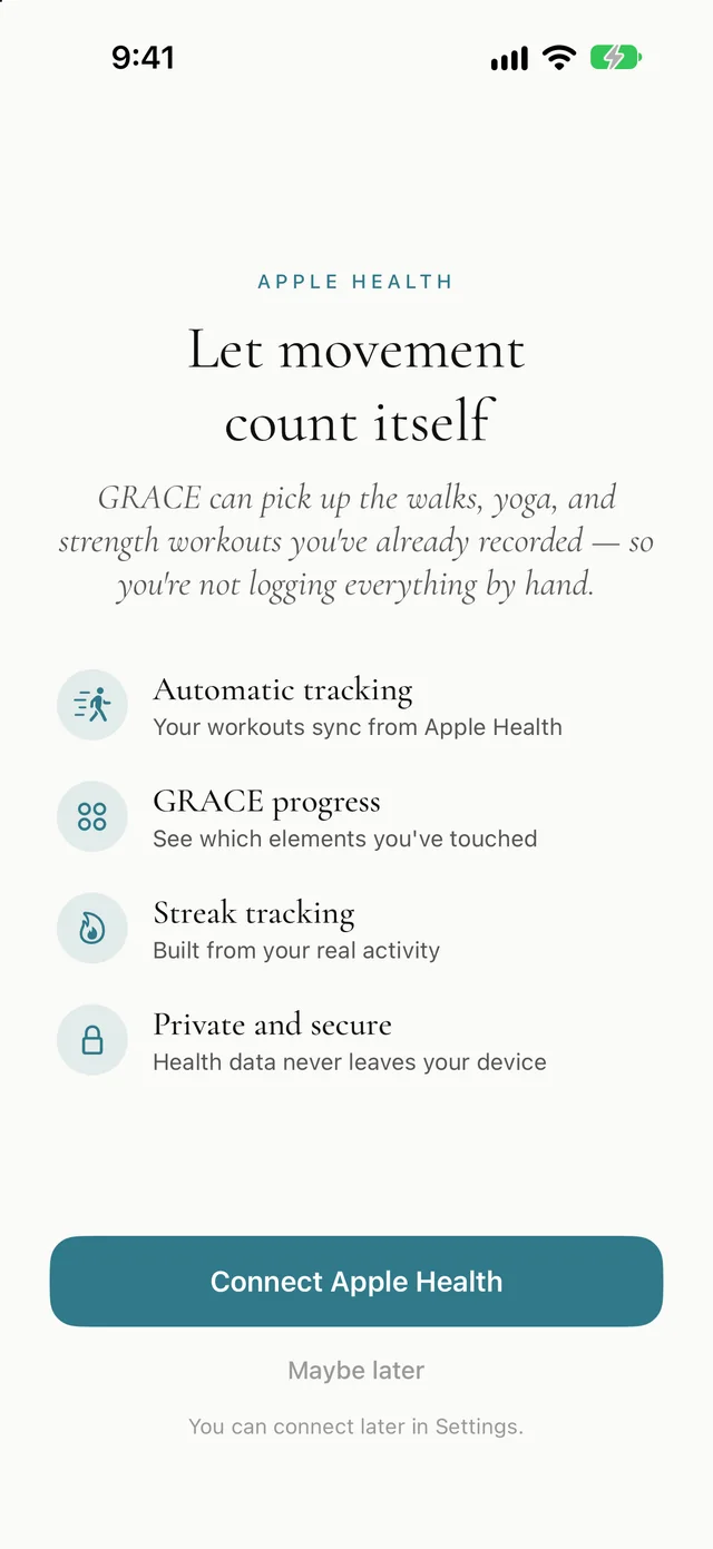 Connecting Apple Health: 'Let movement count itself', with 'Maybe later' as an equal choice.