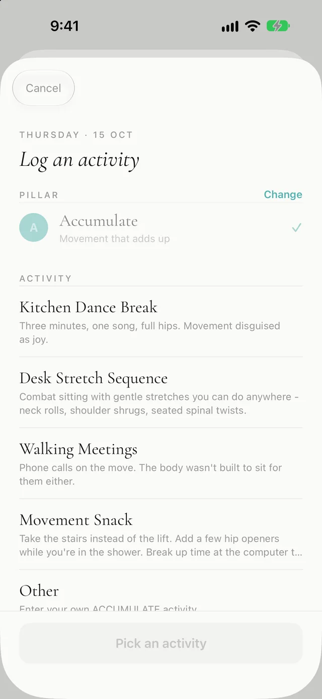 Logging: suggestions for an element, each with a line of context in Mish's voice.