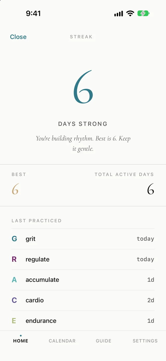 The showing-up streak, with a warm message whatever the number.