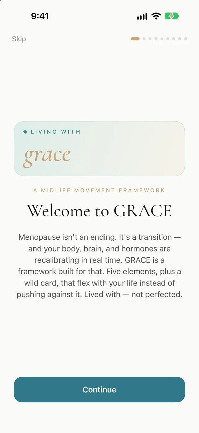 The Living with GRACE welcome screen: 'Menopause isn't an ending. It's a transition.'